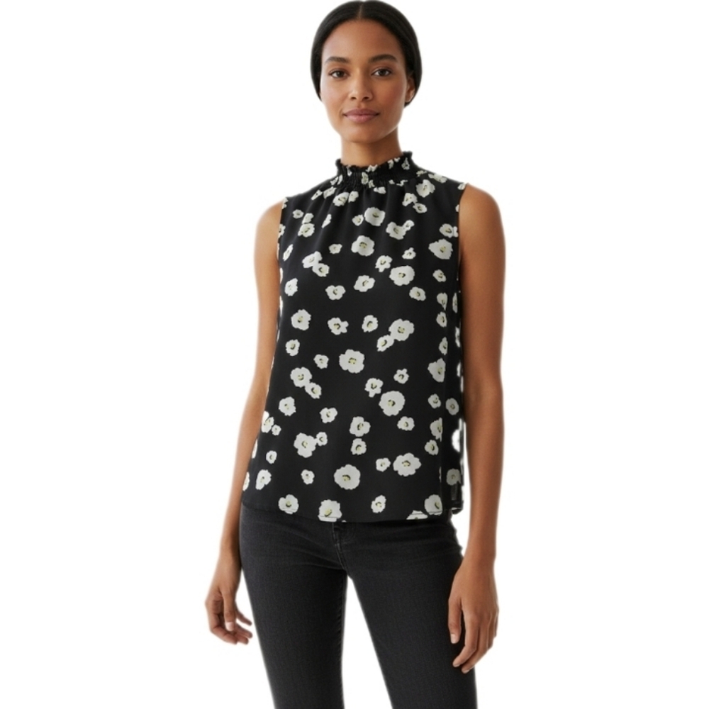 Sanctuary Black White Floral Mock Neck Sleeveless Blouse Top NWT